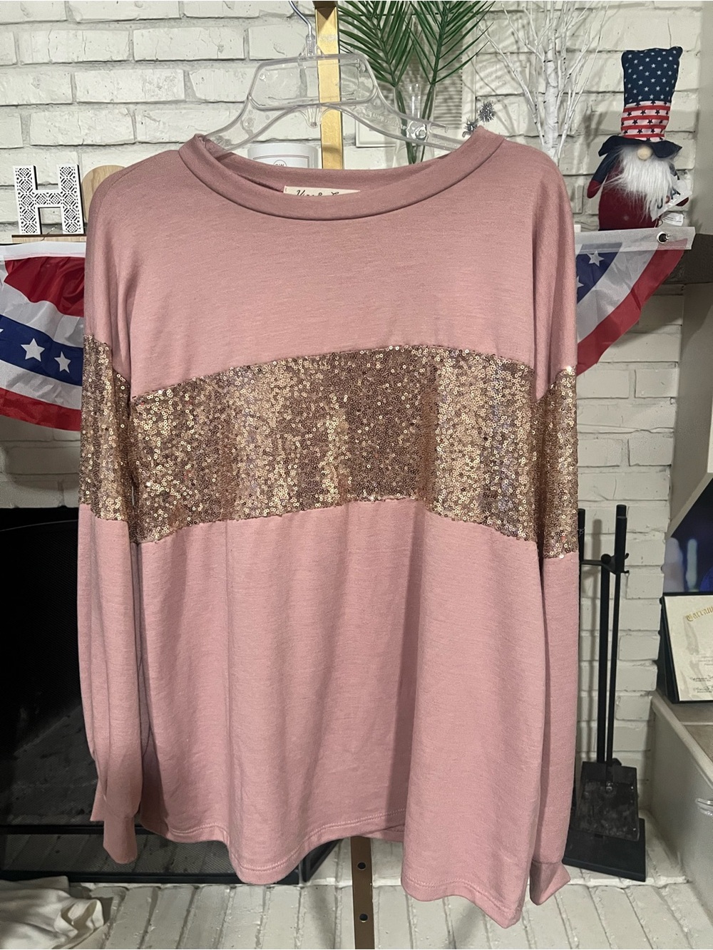 Vine & Love Dusty Pink Sequin-Stripe Long Sleeve Top